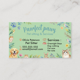 Cartão De Visita Animais Adoráveis em Aquarela para Pet Sitter Pers
