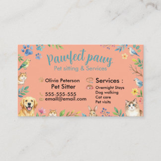 Cartão De Visita Animais Adoráveis em Aquarela para Pet Sitter Pers