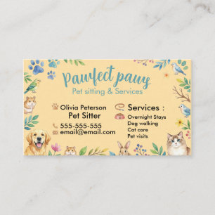 Cartão De Visita Animais Adoráveis em Aquarela para Pet Sitter Pers