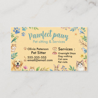 Cartão De Visita Animais Adoráveis em Aquarela para Pet Sitter Pers