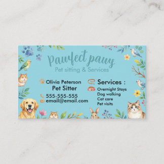 Cartão De Visita Animais Adoráveis em Aquarela para Pet Sitter Pers