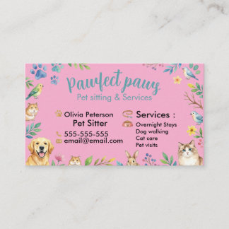 Cartão De Visita Animais Fofos em Aquarela Pet Sitting Personalizáv