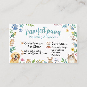 Cartão De Visita Animais Fofos em Aquarela Pet Sitting Personalizáv