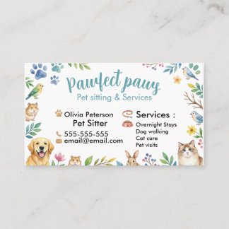 Cartão De Visita Animais Fofos em Aquarela Pet Sitting Personalizáv