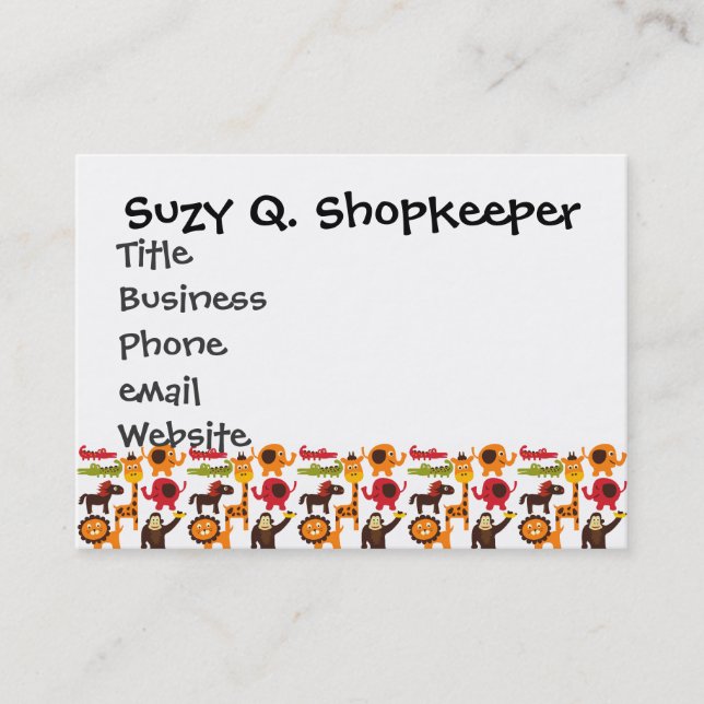 Cartão De Visita Animal Safari Zoo da Aldeia da Selva Bonita e Dive (Frente)