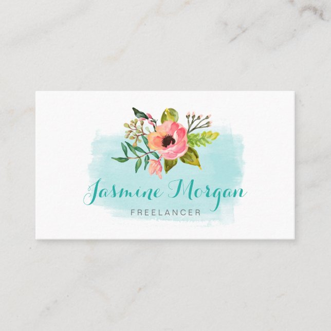 Cartão De Visita Aqua Azul Aqua Chi Floral Pintado (Frente)