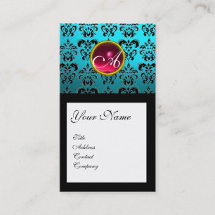 CARTÃO DE VISITA AQUA BLUE BLACK DAMASK SQUARE RUBY GEM MONOGRAM