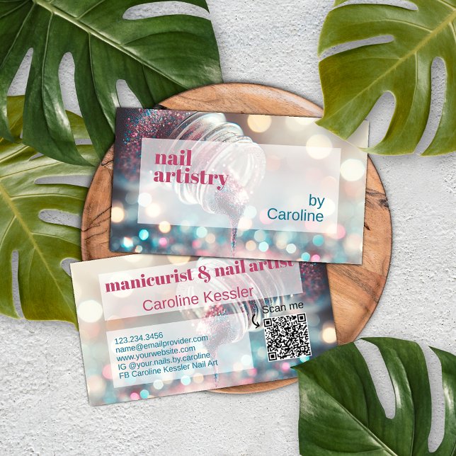 Cartão De Visita Aqua Turquoise Azul Quente Rosa Minúscula Nail Pol (Criador carregado)