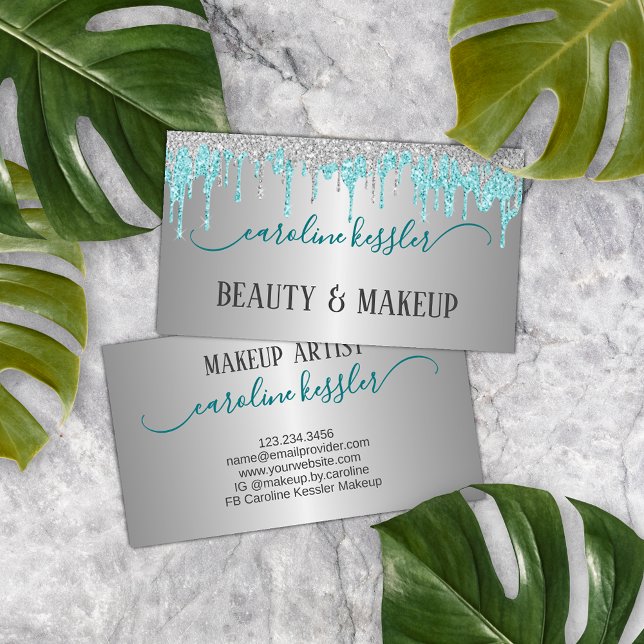 Cartão De Visita Aqua Turquoise Green Silver Glitter Sparkle Drim (Criador carregado)