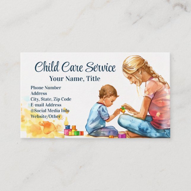 Cartão De Visita Aquarela Bloqueia Babysitter Chilcare Therapist (Frente)