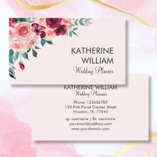 Cartão De Visita Aquarela Boho Rosa Borgonha Floral Rosa