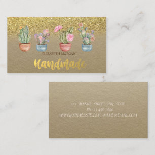 Cartão De Visita Aquarela Cacto Dourado Glitter Kraft