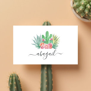 Cartão De Visita Aquarela Cacto e Floral Rosa Elegante