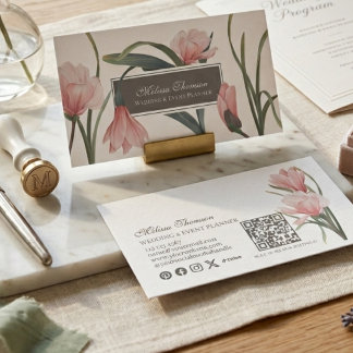 Cartão De Visita Aquarela Elegante com Flores Rosa Bege