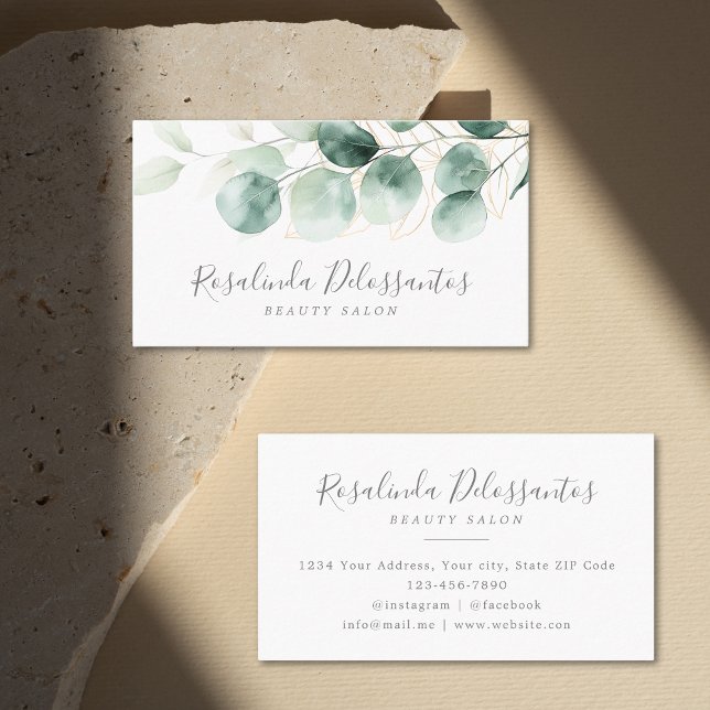 Cartão De Visita Aquarela Eucalyptus Greenery Folhagem Dourada (Watercolor Eucalyptus Greenery Gold Foliage Business Card)