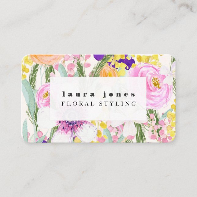 Cartão De Visita Aquarela Floral com Cabelo de Pintura Modelo B (Frente)