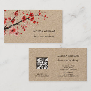 Cartão De Visita Aquarela Flores de Cerejeira Vermelhas Papel Kraft
