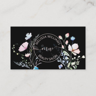 Cartão De Visita Aquarela Flores Silvestres Preto-Mauve