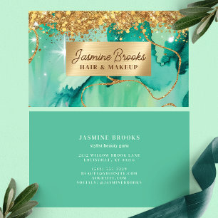 Cartão De Visita Aquarela Glamour Verde Azul e Dourado