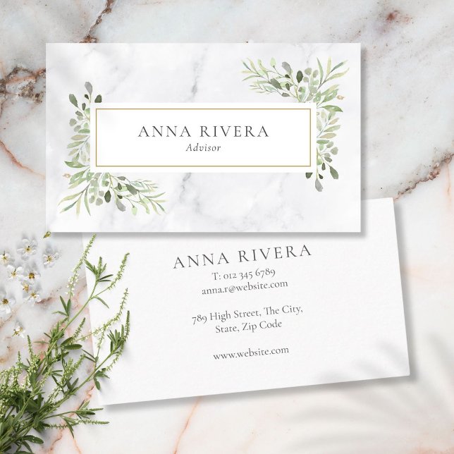 Cartão De Visita Aquarela Verde Dourado Geométrico Mármore Branco (Watercolor Greenery Gold Geometric White Marble Business Card)