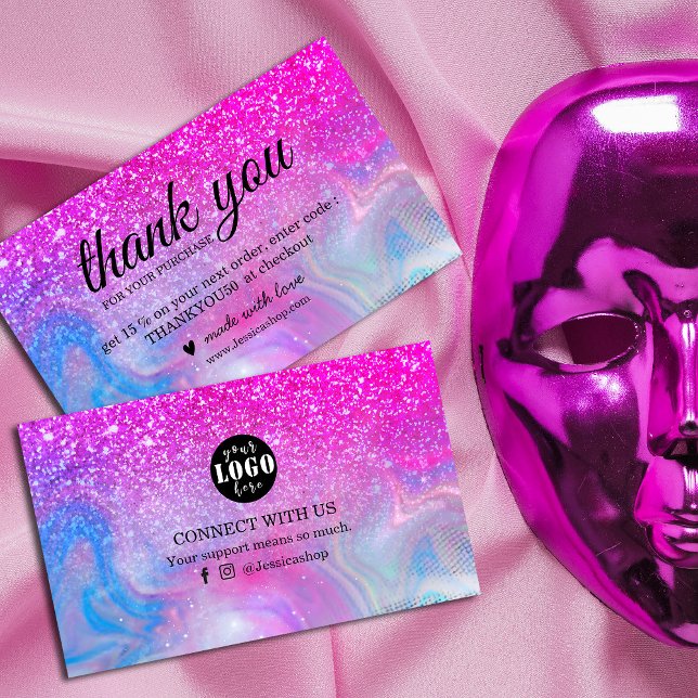 Cartão De Visita Arco-íris brilhante obrigado holográfico (Sparkle and shine with gratitude! Rainbow holographic and hot pink glitter business cards)