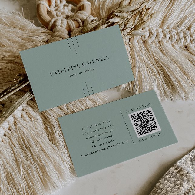 Cartão de Visita Art Déco Clássico Moderno Everly  (EVERLY Modern Classic Art Deco Sage Green QR Code Business Card)