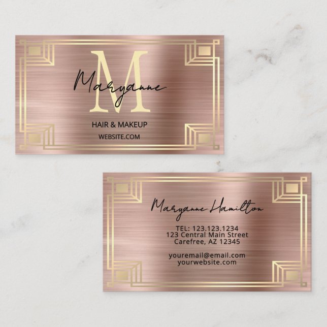 Cartão De Visita Art Deco Rose Gold Monogram (Frente/Verso)