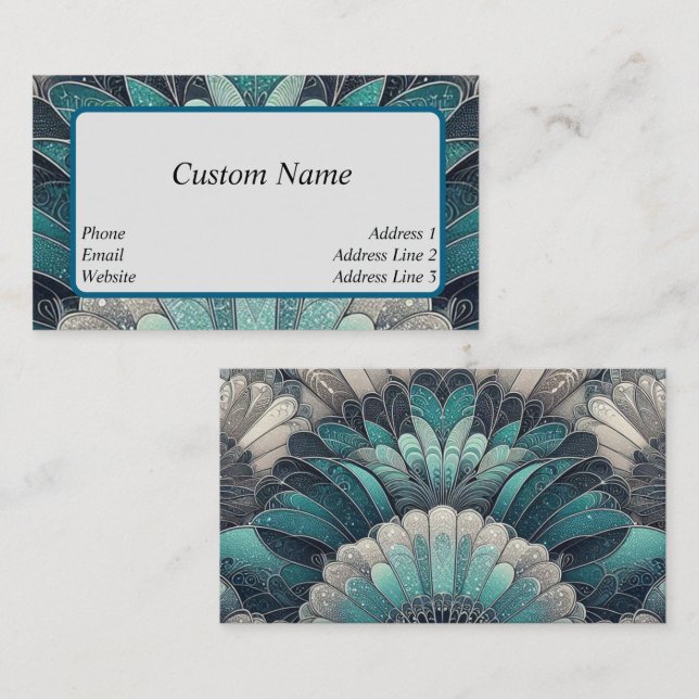 Cartão De Visita Art Nouveau Ventiladores Azuis e Prateados (Frente/Verso)
