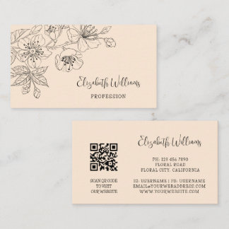 Cartão De Visita Arte Botânico de Linha Floral Preta Código QR