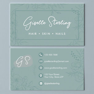 Cartão De Visita Arte de Linha Floral Azul-Elegante Profissional