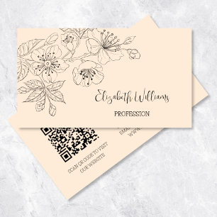 Cartão De Visita Arte de Linha Floral Preta Botânica Código QR
