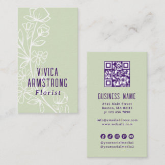 Cartão De Visita Arte Floral Verde Roxo Florista