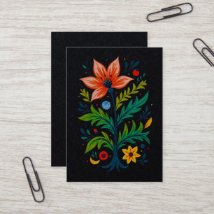 Cartão De Visita Arte Folclórica Botânica Escura Floral Vibrante e