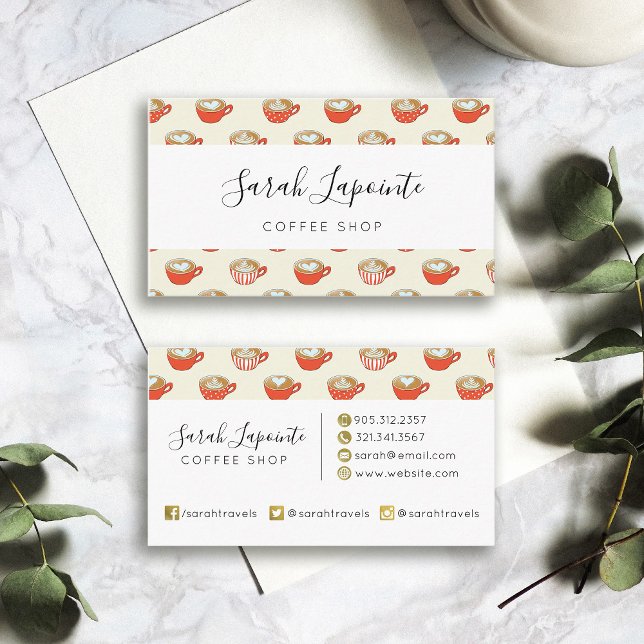 Cartão De Visita Arte Látea no Padrão Vermelho de Lágrimas de Café (Coffee Shop Red Latte Art Pattern Business Card)