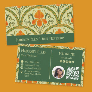 Cartão De Visita Arte Novo Floral Verde Código QR e Foto