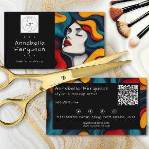 Cartão De Visita Arte Pop Moderna Logotipo de Cabelo Colorido QR Re