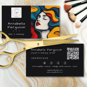 Cartão De Visita Arte Pop Moderna Logotipo QR Colorido Cabelos Maqu