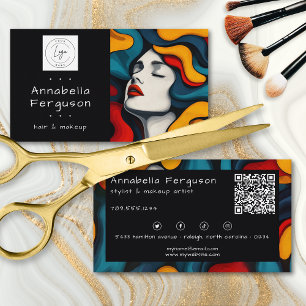 Cartão De Visita Arte Pop Moderna Logotipo QR de Cabelo Colorido Re