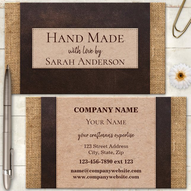 Cartão De Visita Artesanato de cartonagem de couro de colo de uísqu (Business card with a dark faux leather area with cardboard text fields on burlap - handmade)