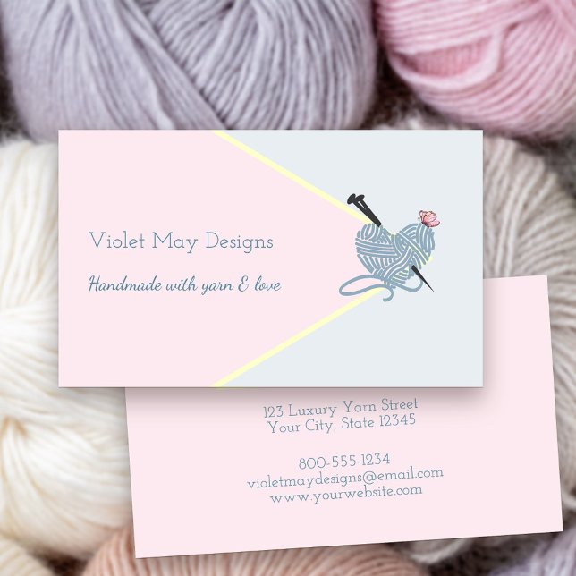 Cartão De Visita Artesanato de pintura azul rosa a Pastel feito à m (Handmade with Yarn and Love Craft Boutique Artisan Business Card)
