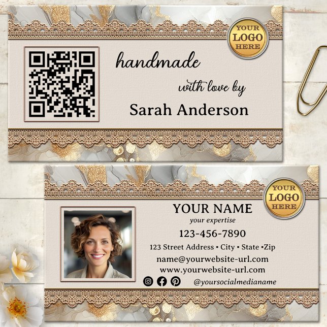 Cartão De Visita Artesanato Moderno Boho Chic Feito à Mão (Professional artisan handmade luxury business card - photo - logo - QR code - social media - boho)