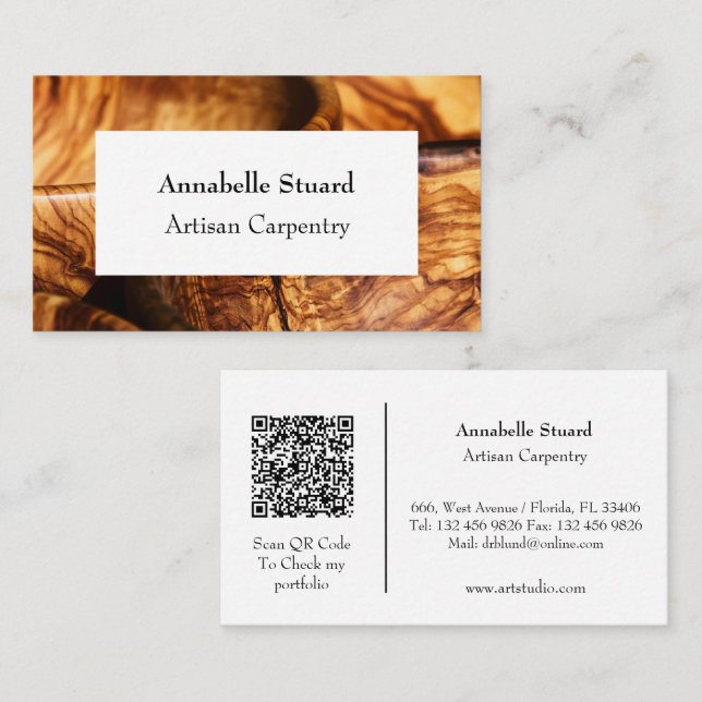 Cartão De Visita Artisan Carpentry Simple Modern QR code (Frente/Verso)