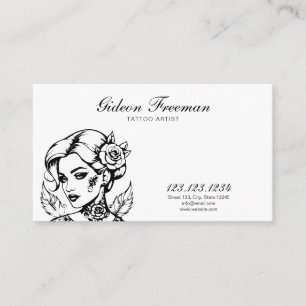 Cartão De Visita Artista da Tatuagem Branca e Preta Elegante