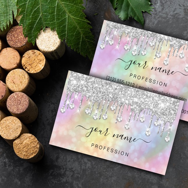 Cartão De Visita Artista de Ativação de Drives de Glitter Holográfi (Holographic Silver Glitter Drips Makeup Artist Business Card)