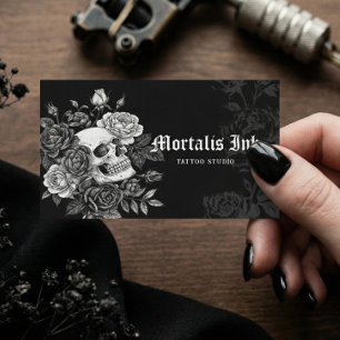 Cartão De Visita Artista de Estúdio de Tatuagem Preto Gótico e Flor