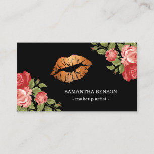 Cartão De Visita Artista de Makeup de Lábios Dourados Floral