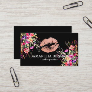 Cartão De Visita Artista de Maquiagem com Lábios de Rosa Dourado Fl