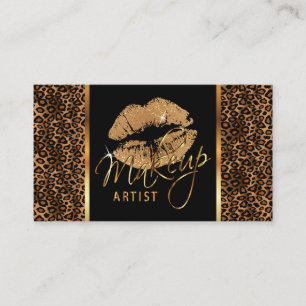 Cartão De Visita Artista de maquiagem com Leopard e Lábios Dourados