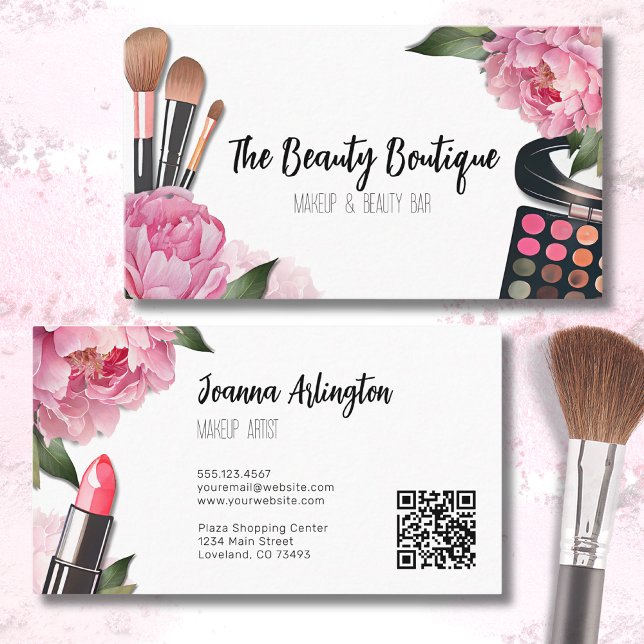 Cartão De Visita Artista de Maquiagem de Beleza por Aquarela Rosa (Cute Watercolor Floral Beauty Salon Makeup Artist Business Card)
