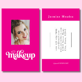 Cartão De Visita Artista de Maquiagem de Foto com Letra Branca Rosa